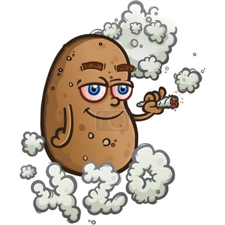Illustration for A baked potato cartoon character standing over a puff of smoke shaped like 420 and and smoking a big fat marijuana joint - Royalty Free Image