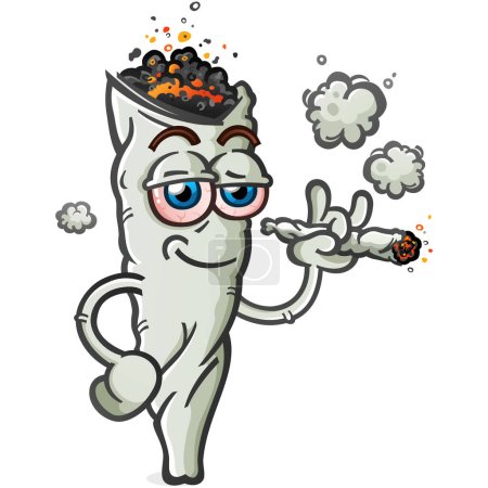 Marihuana-Joint-Cartoon-Figur raucht einen dicken Doobie und grinst mit cooler Attitüde