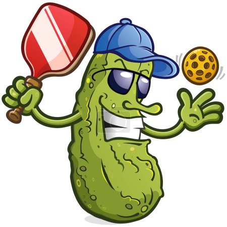 Pickle cartoon mascot with attitude wearing sunglasses and a baseball cap ready to serve up an exciting game of pickleball on the courts