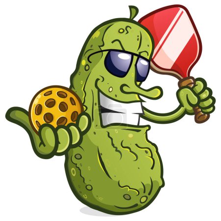 Photo for Pickle cartoon mascot with attitude wearing sunglasses ready to serve up an exciting game of pickleball on the courts - Royalty Free Image