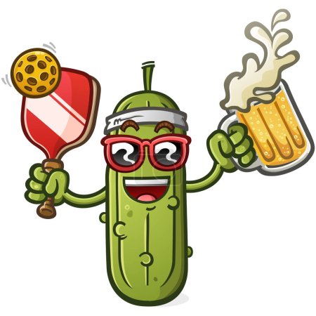 Pickle Cartoon-Figur trinkt einen großen frostigen Becher eiskaltes Bier, um sich an einem heißen Tag auf den Pickleball-Plätzen nach einem Wettkampf abzukühlen