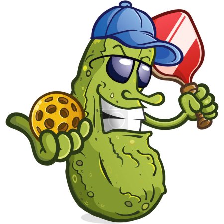 Pickle cartoon character with attitude wearing sunglasses and a baseball cap ready for an exciting pickleball match on the court