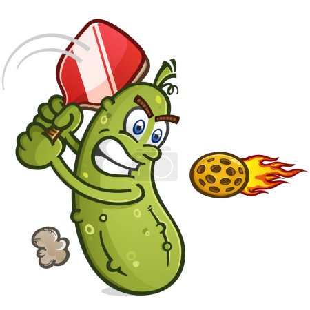 Photo for Pickle cartoon character taking a hard swing at a flaming hot speeding pickleball with an intense look and competitive rage - Royalty Free Image