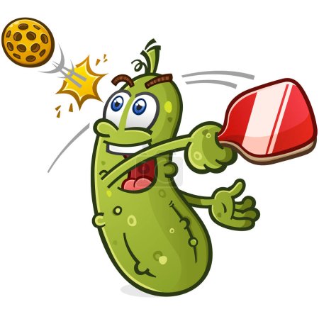 Pickle cartoon character taking a fast swing and hitting a pickleball over the net while having a great time playing the game