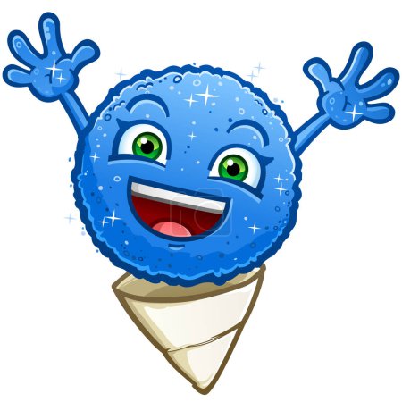 Photo for Blue raspberry snow cone crushed ice cartoon character jumping and celebrating on a hot summer day - Royalty Free Image