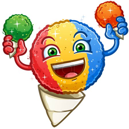 Illustration for Snow cone cartoon character a refreshing rainbow sweet frozen treat holding two orange and lime shaved ice treats on a hot summer day - Royalty Free Image