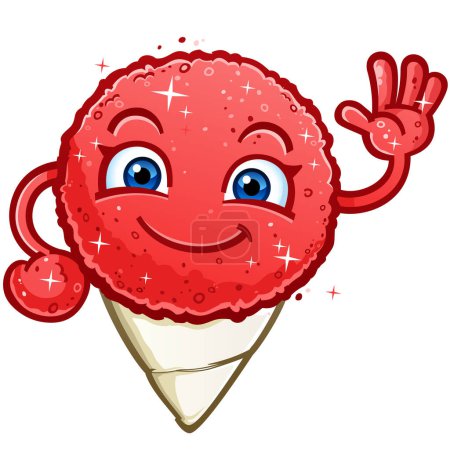 Schneekegel Cartoon-Figur eine erfrischende rote Kirsche süße gefrorene Leckerei winkt glücklich und funkelnd an einem heißen Sommertag 