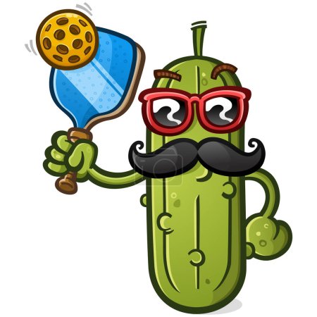 Téléchargez les illustrations : Un élégant homme de dessin animé pickleball avec une grosse moustache de guidon et des lunettes de soleil à la recherche super cool sur le terrain de pickle ball et prêt pour un jeu excitant sur le court - en licence libre de droit