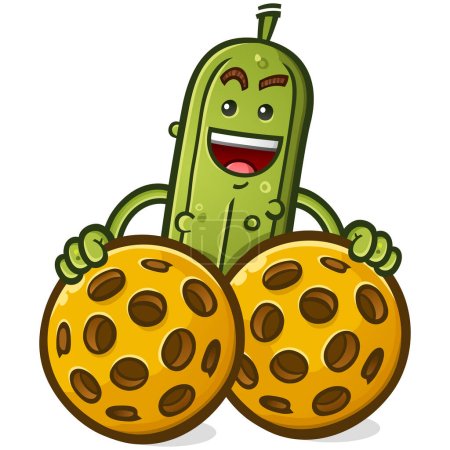 Pickle cartoon holding two gigantic pickleballs in a slightly implied way to show off manliness and strength in his pickle ball game and looking super cool 