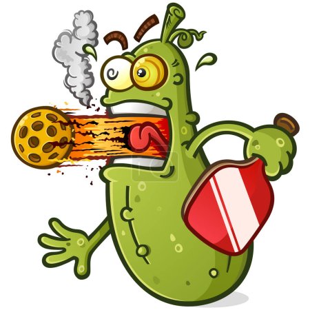 Loco personaje de dibujos animados pickleball disparando un cohete de alta velocidad pickle bola de fuego de su boca con fuego potente y humo en la cancha