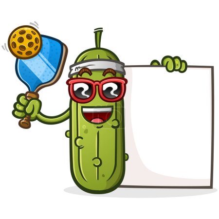 A pickle cartoon holding a pickleball paddle ball and a big blank sign perfect for displaying a pickleball schedule or team name in a bold and entertaining way