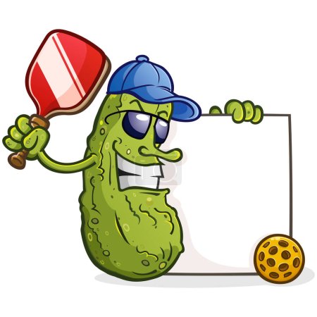 Ein Pickle-Cartoon, der ein Pickleball-Paddel und -Ball mit Baseballmütze hält und ein großes, leeres Schild hält, das perfekt ist, um einen Pickleball-Spielplan oder einen Mannschaftsnamen auf kühne und unterhaltsame Weise darzustellen
