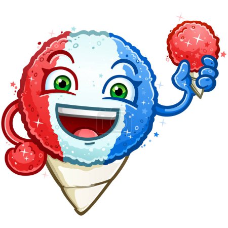 Red white and blue snow cone cartoon character holding a cherry snowcone smiling big on the fourth of july and sporting America's colors for the holiday