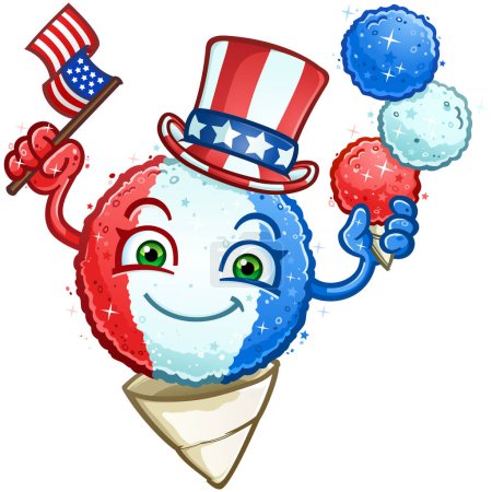 Photo for Snow cone in red white and blue colors wearing an uncle sam hat and  balancing a stack of snowcones with an American flag in his hand - Royalty Free Image