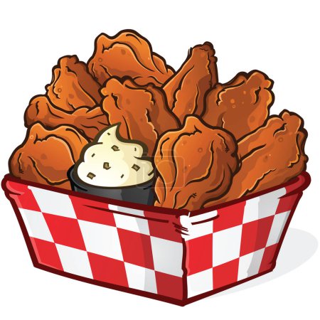 Illustration for Big delicious basket of hot saucy buffalo chicken wings piled high with a creamy ranch dipping sauce image for sports bar signage or menus - Royalty Free Image