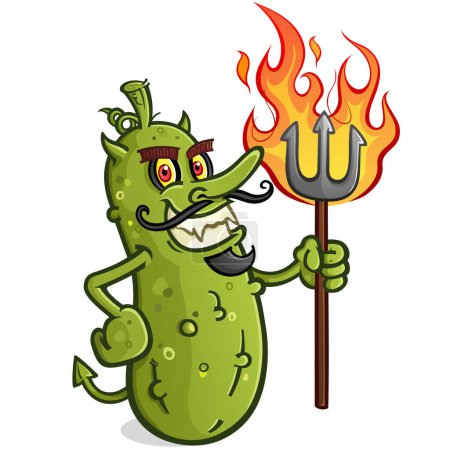 Photo for Evil pickle devil cartoon with a sharp pointy demon pitch fork and vampire fangs with a villainous mustache from the depths of hell ready to burn your mouth with hot spicy flavor - Royalty Free Image