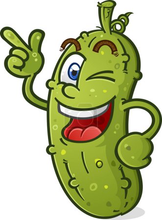 Cool pickle cartoon character with attitude winking and pointing and looking hip and stylish