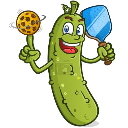 Der große schlaksige Pickle-Cartoon dreht einen gelben Plastik-Pickleball auf seinem Finger-Basketball-Stil mit einem großen kitschigen Grinsen auf seinem Gesicht Vektor Clip Art