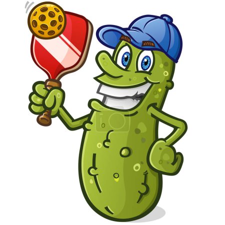Cool pickle cartoon with attitude holding a pickleball racket and ball and wearing a bright blue baseball cap vector clip art