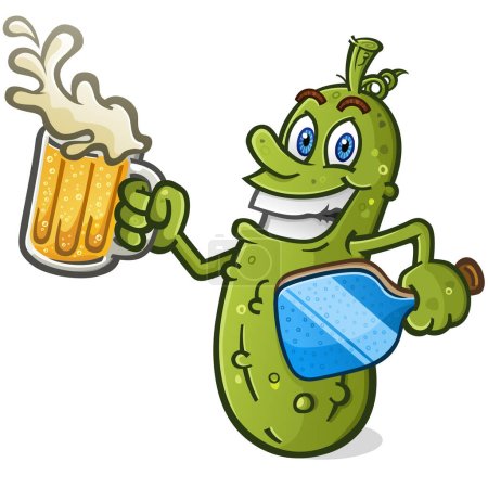 Cool pickle cartoon character with attitude holding a big cold frothy mug of light lager beer with splashing foam spilling over the rim ready for a good victory drink vector clip art