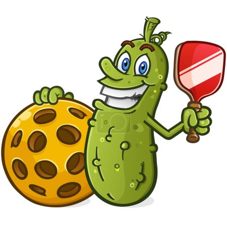Cooler Pickle-Cartoon mit Attitüde mit einem großen zahmen Lächeln, das einen Pickle-Ball-Schläger und einen überdimensionalen, gigantischen Plastik-Pickleball unter seinen Fingern hält