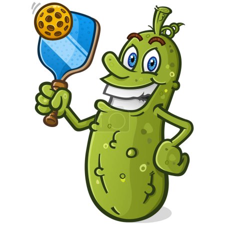 Cool pickleball personaje de dibujos animados sosteniendo una bola de pepinillo y raqueta con una gran sonrisa dentada en su cara vector clip arte