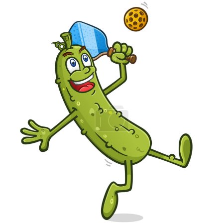 Tall lanky pickle cartoon mascot leaning back and going for the winning shot in an epic pickleball battle on the court vector clip art