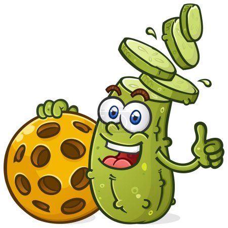 Pickle-Cartoon hält einen massiven Pickleball, während sein Kopf in Scheiben zerbricht, während er lächelt und einen enthusiastischen Daumen nach oben wirft und supercool aussieht