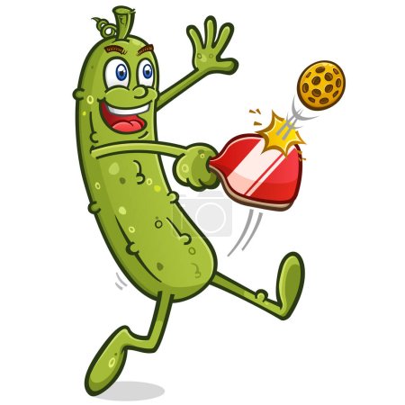 Illustration for Tall lanky shaped pickle cartoon character leaping and kicking on the pickleball court and giving an epic underhand dink to his opponent vector cartoon clip art - Royalty Free Image