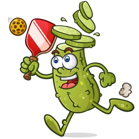 Pickle cartoon with chopped head and slices falling off jogging toward a stray pickleball on the court during an exciting match vector clip art