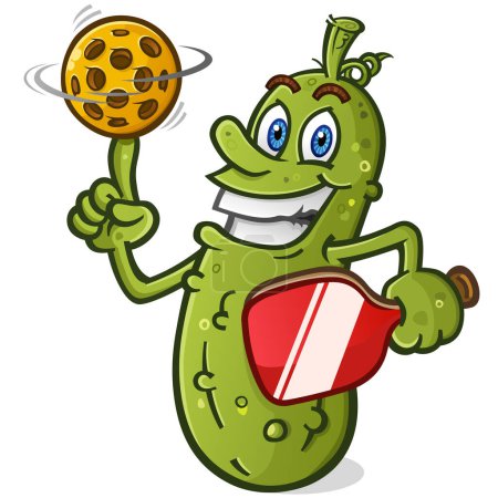 Photo for Pickle cartoon with attitude spinning a yellow plastic pickleball on his finger basketball style with a big cheesy grin on his face vector clip art - Royalty Free Image