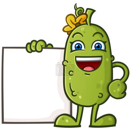 Photo for Adorable cute pickle cartoon character with a yellow flower bow holding a blank advertisement sign with a big toothy smile - Royalty Free Image
