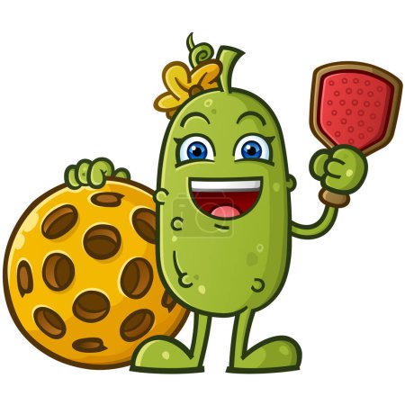 Photo for Adorable cute pickle cartoon character with a yellow flower bow holding a pickleball paddle and leaning on a giant pickleball with a big toothy smile - Royalty Free Image