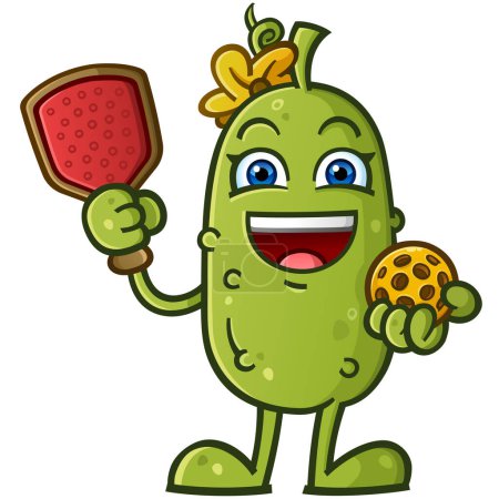 Photo for Adorable cute pickle cartoon character with a yellow flower bow holding a pickleball paddle and ball ready to play a happy joyful match - Royalty Free Image