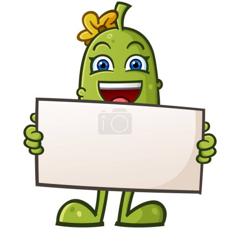 Photo for Adorable cute pickle cartoon character with a yellow flower bow holding a large blank advertisement sign in front of her body - Royalty Free Image