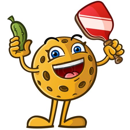 Pickleball cartoon standing and smiling with excitement while holding a paddle and a pickle cucumber ready for a match up and a delicious snack