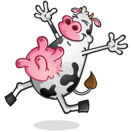 Téléchargez les illustrations : Un personnage de dessin animé de vache souriant avec des taches noires et blanches et un grand pis rond plein frémissant joyeusement à travers la prairie et la vie aimante - en licence libre de droit