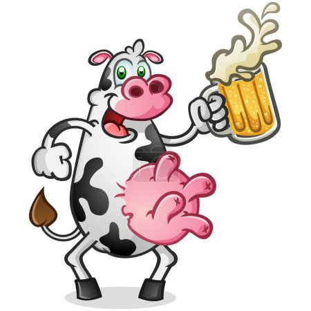 Téléchargez les illustrations : Un dessin animé de vache heureux avec de grands mamelles rondes roses souriant et tenant une grande tasse de bière fraîche délicieuse se préparant à prendre une grande boisson et obtenir un peu de piquant à la ferme - en licence libre de droit