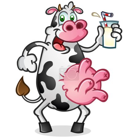 Téléchargez les illustrations : Une mascotte de vache laitière excitée se préparant à boire un grand grand verre de lait entier froid délicieux avec une paille qui a été pressée des grands mamelles rondes roses - en licence libre de droit