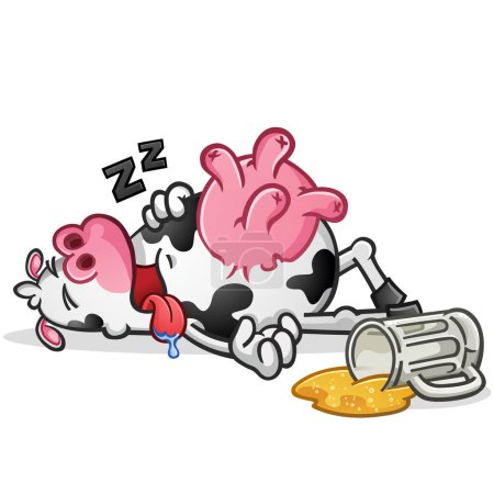 Téléchargez les illustrations : Une bande dessinée de vache ivre évanouie avec de grosses mamelles rondes ronflant sur le sol du bar avec une tasse renversée de bière plate rassis dans une flaque sur le sol - en licence libre de droit