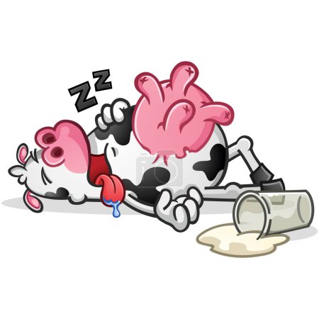 Téléchargez les illustrations : Un dessin animé de vache laitière endormie qui buvait beaucoup trop de lait frais pressé de ses mamelles rondes roses et devenait vraiment somnolent - en licence libre de droit