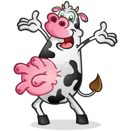 Téléchargez les illustrations : Joyeux dessin animé de vache avec de grandes mamelles pleines et des taches noires et blanches avec de petites cornes et un énorme sourire donnant un grand heureux ta-da à tout le monde autour de lui - en licence libre de droit