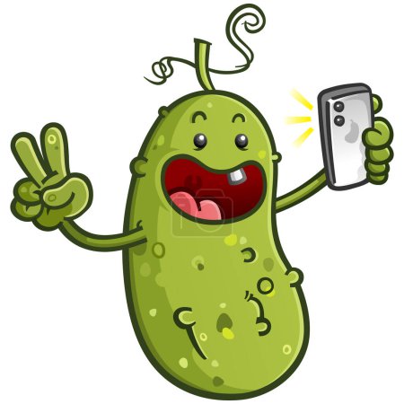 Illustration for Cute childish pickle  baby influencer cartoon character posting to take a selfie with a smart phone camera for their social media followers vector clip art - Royalty Free Image