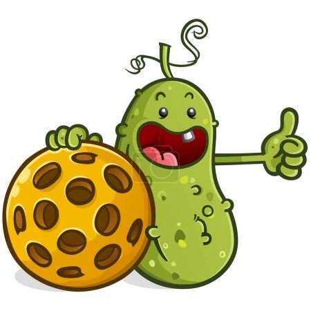 Illustration for Pickle cartoon character with a baby Face and Toothy Smile giving a thumbs up and holding a giant pickleball - Royalty Free Image