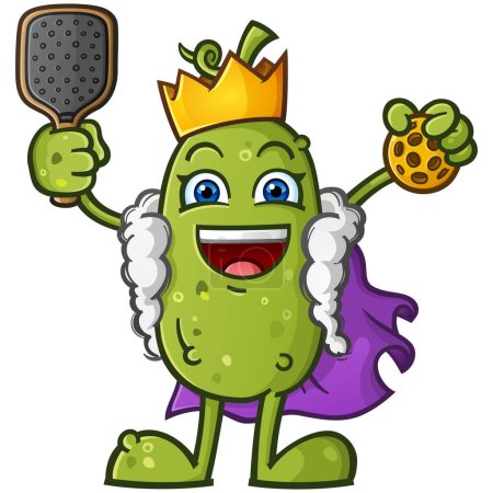 Photo for King pickle, the exalted benevolent ruler of the pickleball kingdom holding the royal paddle and ball for his subjects and wearing a golden crown and a royal purple suede cape - Royalty Free Image