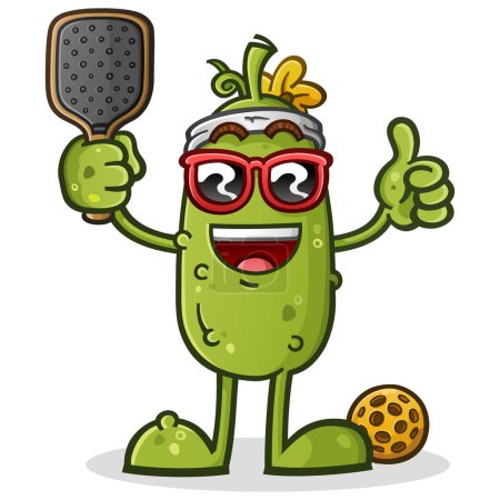 Photo for Cool casual pickle ball cartoon mascot tossing a thumbs up to the crowd and wearing stylish sunglasses and a sweat band - Royalty Free Image