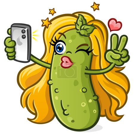 Photo for Blonde pickle girl influencer cartoon character with full eyelashes and pink lipstick taking a selfie on her smartphone for her fans on social media - Royalty Free Image