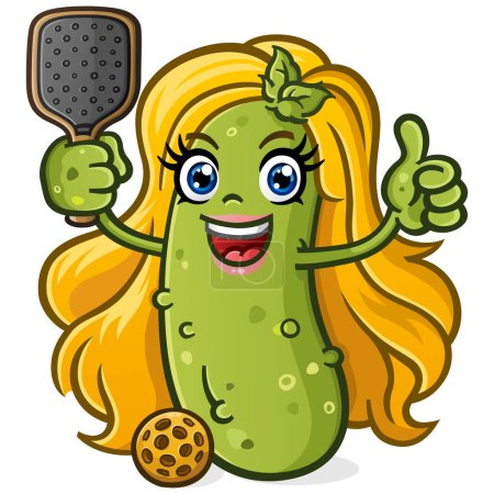 Photo for Blonde pickle girl pickleball player cartoon character with full eyelashes and pink lipstick holding a paddle and ball and giving an enthusiastic thumbs up gesture - Royalty Free Image