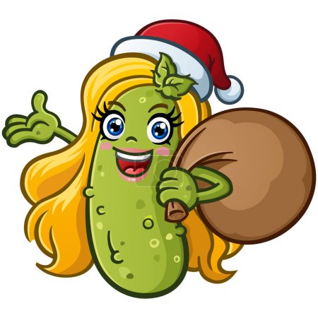Photo for Christmas pickle girl cartoon character with a santa hat and a sack full of christmas presents giving a ta da hand gesture and smiling big for the festive holiday season vector clip art - Royalty Free Image