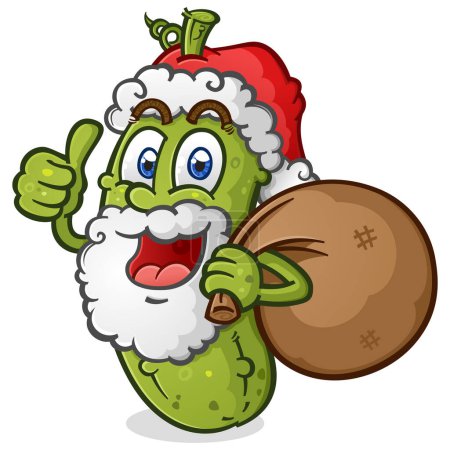 Photo for Christmas pickle santa with a big white snowy beard holding a big sack of toys and presents for all the good girls and boys and giving an enthusiastic thumbs up for the holidays - Royalty Free Image